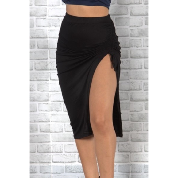 High Waisted Black Slit Skirt | Stretchy Bodycon Midi Skirt w/ Adjustable String - Picture 1 of 7